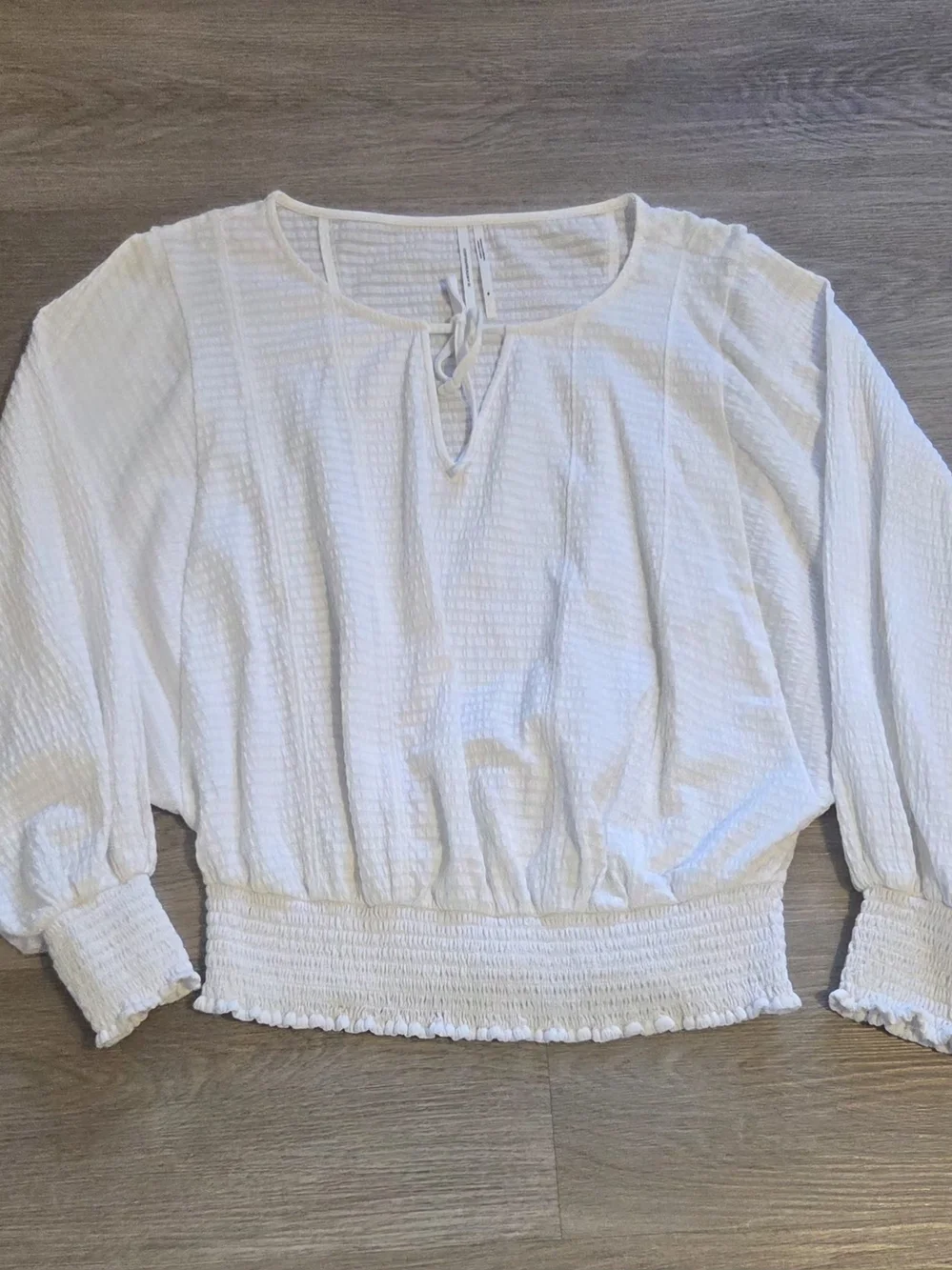 Anthropologie Cream Textured Tie-Neck Smocked-Waist Blouse